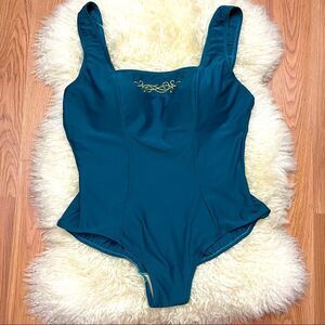 Vintage Dark Teal Full Coverage Plus Size One Piece Swimsuit 22 New
